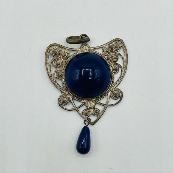 Silver Lapis Filagree Pendant - Picture 1 of 2